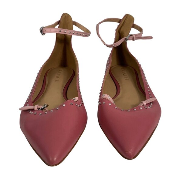 COACH Jody Pink Leather Studded Pointed Toe Flats Ankle Strap Women’s Size 9.5B - Picture 1 of 9
